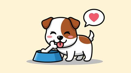 Cute Cartoon Dog Happily Eating Bone from Blue Bowl.