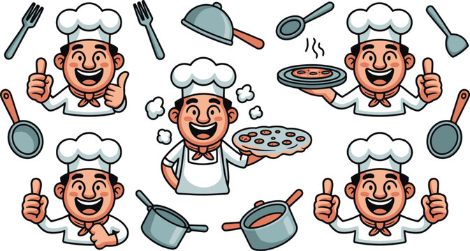 Cartoon Chef Characters with Kitchenware Fork, Spoon, Pan, Lid, and Pizza on a White Background