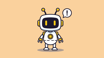 Cute cartoon robot with exclamation mark speech bubble.