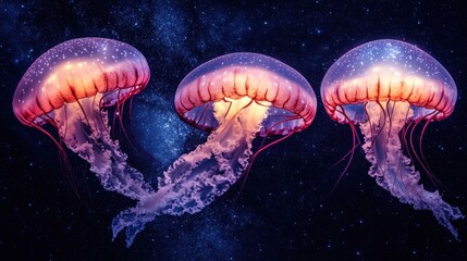 Three glowing jellyfish in a starry night sky