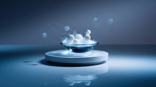 A science fiction presentation featuring floating spheres in a glass bowl on a stage.