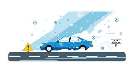 Blue car on snowy road with low visibility warning sign conveying winter driving hazards