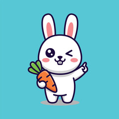Cute cartoon white rabbit winking and holding a carrot making peace sign.