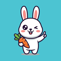 Cute cartoon white rabbit winking holding a carrot and making a peace sign.