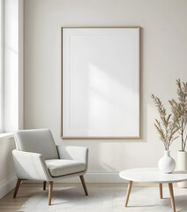 Stylish Living Room Mockup &mdash; Thin Black Frame on Dusty Pink Wall, Modern Accent Chair and Decorative Pot Plant