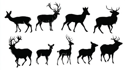 Fototapeta premium Deer silhouette vector illustration bundle featuring multiple stag and doe poses in simple black outlines on white background for wildlife design and nature artwork