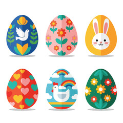 Set of six colorful decorated Easter eggs with diverse patterns.