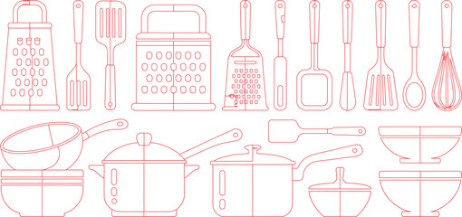 Red Line Art Kitchen Tools Including Graters, Spatulas, Pots, Pans, Bowls, and Whisk Designs