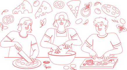 Red Line Art Three Smiling People Cooking Pizza, Slicing, and Preparing Ingredients in a Bowl