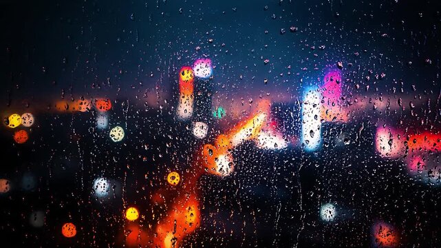 Raindrops on Window with Blurred City Lights