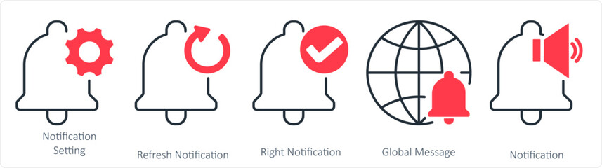 A set of 5 contact icons as notification setting, refresh notification, right notification