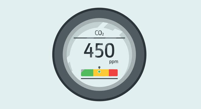 Carbon dioxide concentration gauge showing 450 ppm for environmental monitoring