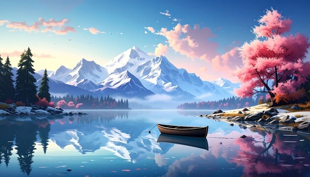 Serene landscape boat on lake reflects snowy mountains and vibrant trees