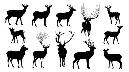 Fototapeta premium Deer silhouette vector illustration bundle featuring multiple stag and doe poses in simple black outlines on white background for wildlife design and nature artwork
