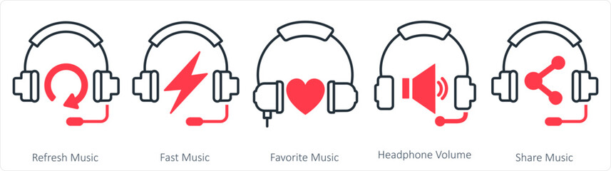 A set of 5 contact icons as refresh music, fast music, favorite music