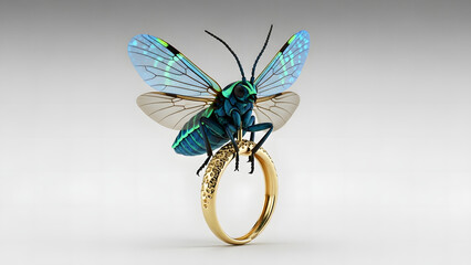 Metallic Blue Beetle Insect with Iridescent Wings Perched on a Gold Ring