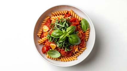 Freshly cooked fusilli pasta with tomato sauce, basil, garlic, and herbs.