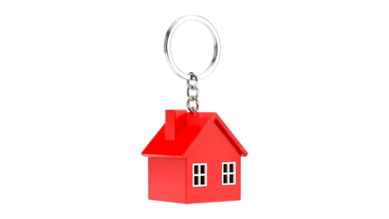 Red house-shaped keychain isolated on white background, symbol of home ownership, real estate, and security.

