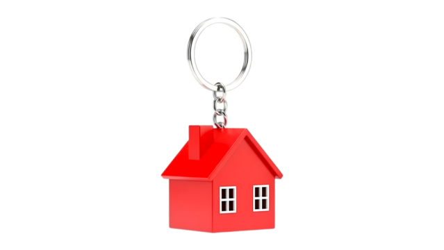 Red house-shaped keychain isolated on white background, symbol of home ownership, real estate, and security.

