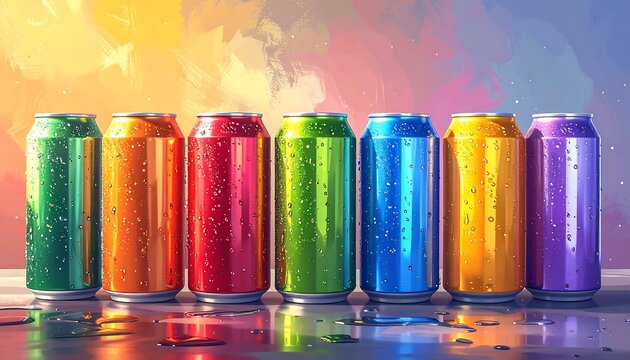 Rows of colorful aluminum cans with water droplets against a bright background