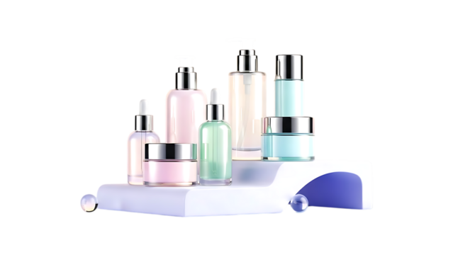Luxury skincare cosmetic bottles and jars in pastel colors isolated on white background, beauty product display.

