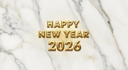 Happy new year 2026 golden text on marble background