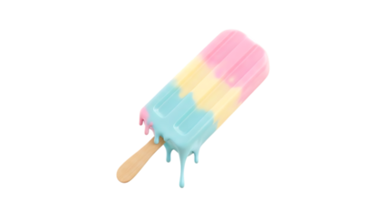 Colorful melting popsicle with pink, yellow, and blue layers isolated on white background, sweet summer treat.

