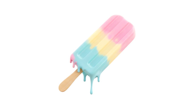 Colorful melting popsicle with pink, yellow, and blue layers isolated on white background, sweet summer treat.