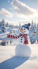 Obraz premium Cheerful snowman wearing a scarf and hat in a snowy winter landscape