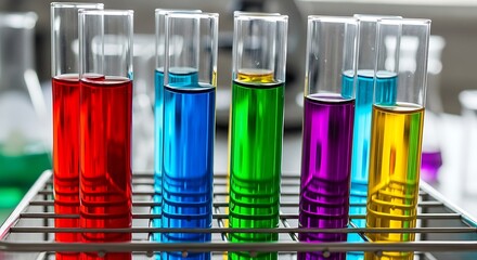 Bright colorful liquids in test tubes for scientific medical research and pharmaceutical development, vibrant laboratory experiments and chemical innovations