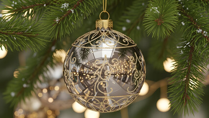 Elegant Christmas Bauble Ornament with Gold Filigree Hanging on a Pine Branch