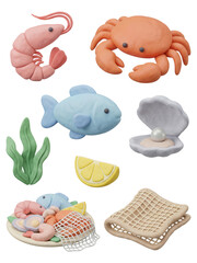 Fototapeta premium Clay Model Seafood Set: Shrimp, Crab, Fish and Oyster