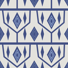 Geometric seamless pattern featuring a white background with indigo diamond shapes and connected angular lines. 