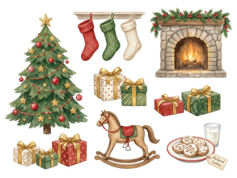Watercolor Christmas Scene with Tree, Fireplace, and Gifts Illustration