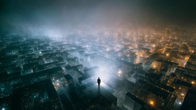 Man standing above glowing city lights surreal night vision captured with rich cinematic clarity immersive atmosphere and striking emotional depth creating a visually compelling moment ideal