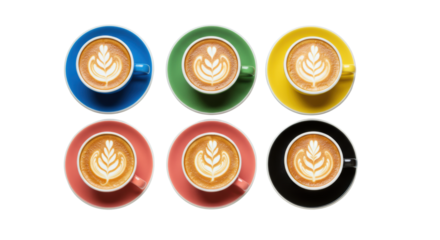 six vibrant high-gloss ceramic cups with detailed latte art cappuccinos, perfectly aligned flat lay on a transparent studio background with copy space, concept for premium product presentation