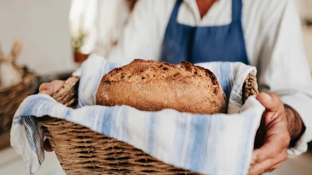 Baker holding fresh bread rustic warm kitchen atmosphere captured with rich cinematic clarity immersive atmosphere and striking emotional depth creating a visually compelling moment ideal fo