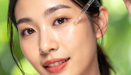 Asian Woman Applying Serum to Face Beauty and Skincare Routine Concept in Bright Sunlight