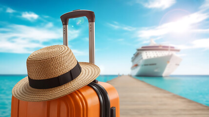 Orange Suitcase with Hat by Seaside ,Cruise Ship Background,  Summer Travel Vacation Concept, Sunny Blue Sky