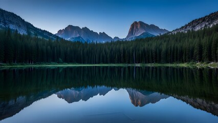 Tranquil Alpine Lake Reflecting Majestic Mountain Peaks Under a Clear Twilight Sky