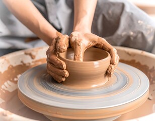 Close-up of hands shaping clay bowl on a pottery wheel