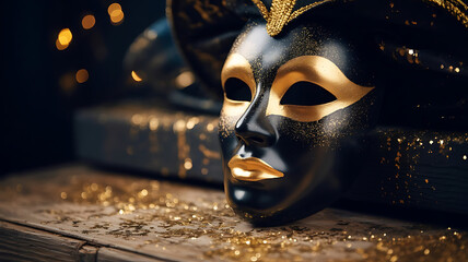 World Theatre Day Black and Gold Glitter Masquerade Mask on Wooden Surface, Festive Bokeh Lights, Luxury Carnival Theme
