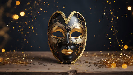 World Theatre Day Black and Gold Glitter Masquerade Mask on Wooden Surface, Festive Bokeh Lights, Luxury Carnival Theme