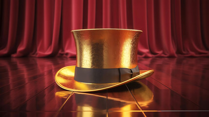 Golden Top Hat on Wooden Stage, Theatre day performance, Red Curtains, Reflective Floor, Dramatic Lighting