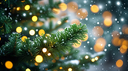 Christmas tree branch with golden bokeh lights and falling snow, Festive Holiday Decoration