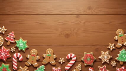 A whimsical holiday baking scene featuring a festive border of decorated gingerbread and sugar cookies on a rustic wood tabletop
