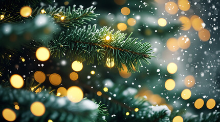 Christmas tree branch with golden bokeh lights and falling snow, Festive Holiday Decoration
