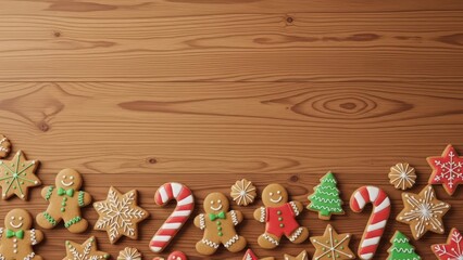 Festive gingerbread cookies arranged on a wooden background, creating a charming holiday scene perfect for Christmas celebrations and seasonal designs