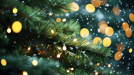 Christmas tree branch with golden bokeh lights and falling snow, Festive Holiday Decoration