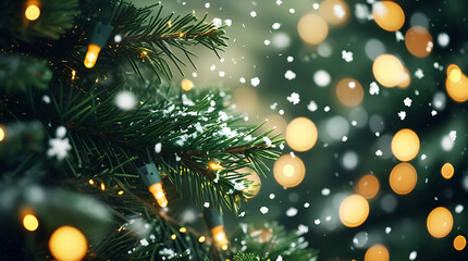 Christmas tree branch with golden bokeh lights and falling snow, Festive Holiday Decoration